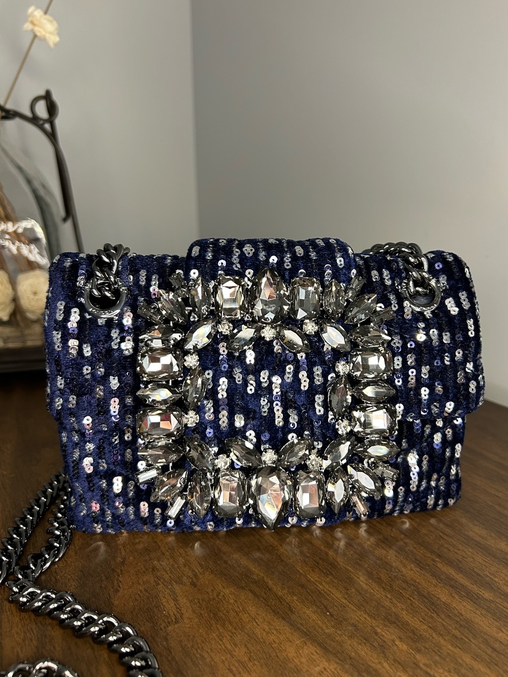 Kurt Geiger London Mini Mayfair Navy Sequin Crystal Embellished Crossbody NWT